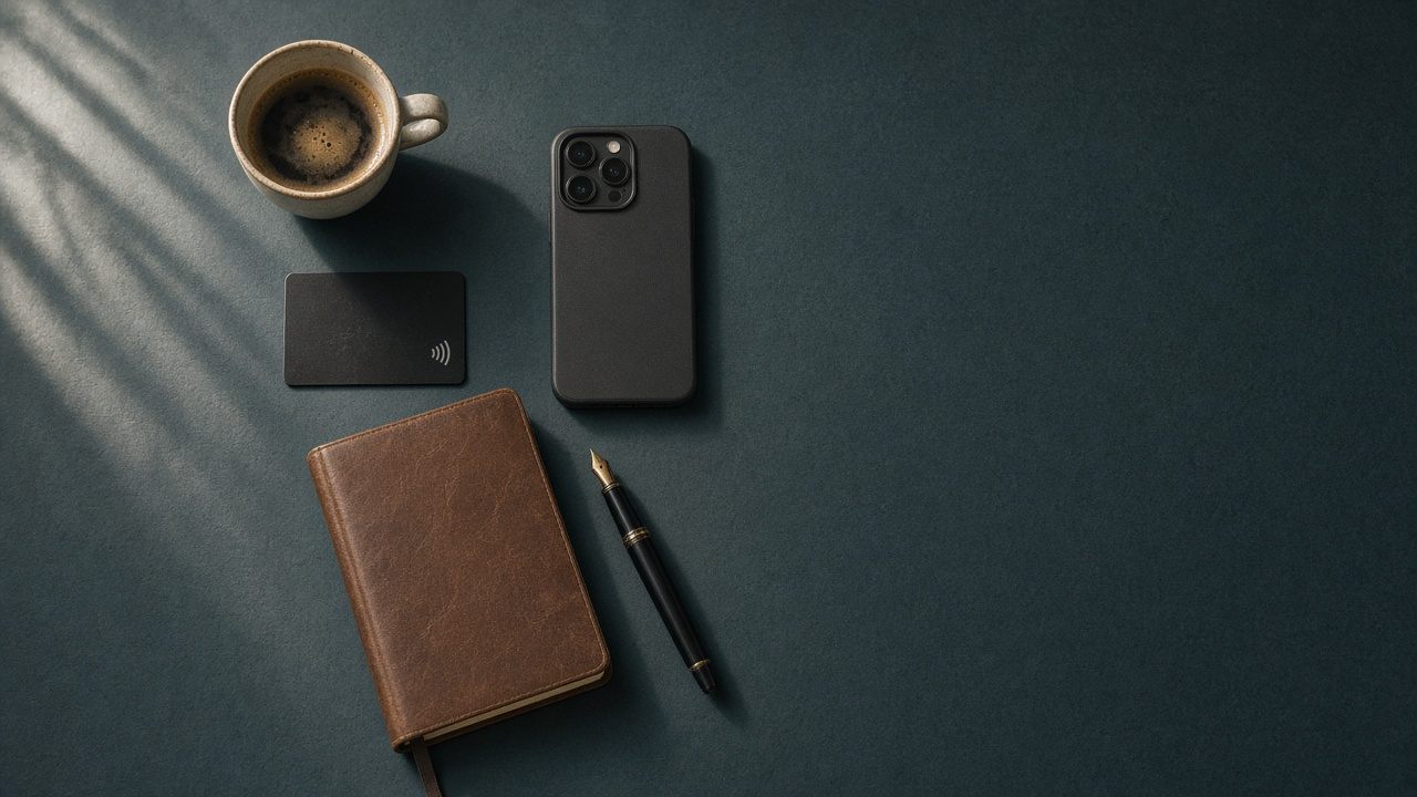 Toplantı masasında NFC kart, telefon ve not defteri